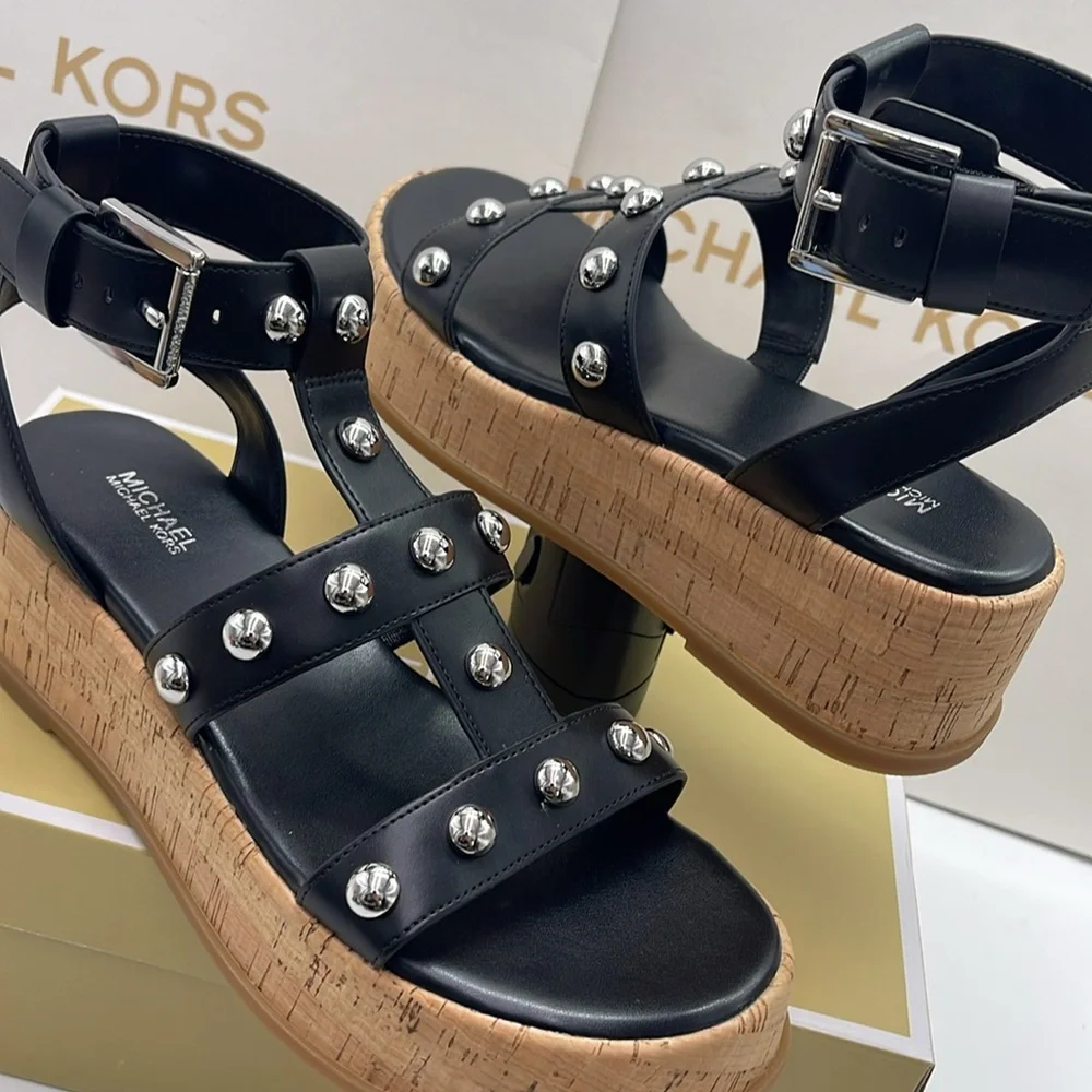 MICHAEL KORS Selah Studded Platform Gladiator Silver Studded Sandal Black  New
